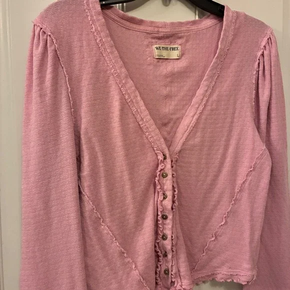 We The Free Women Cardigan Pink Cotton Blend Long Sleeve Button Ruffle Top Large - Picture 2 of 11